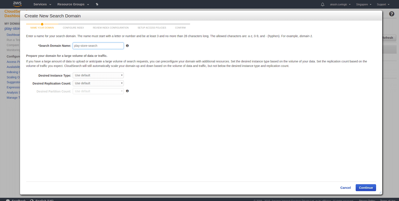 screenshot of Amazon Cloud Search